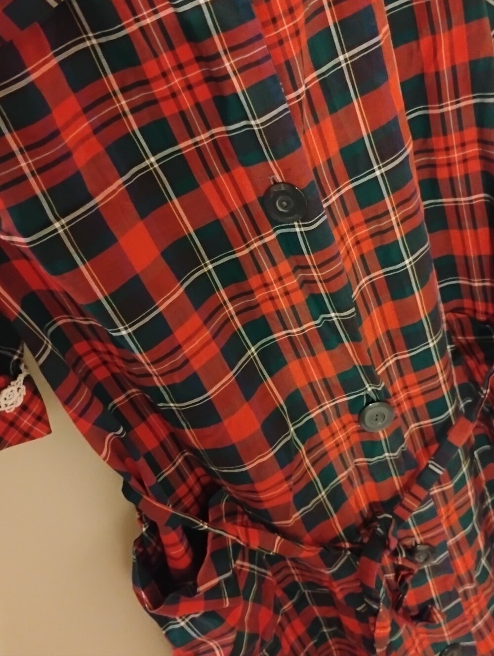 Vintage 1940s 1950s Plaid Roell Buttoned Belted Peter Pan Collar Lounge Dress - Picture 6 of 9